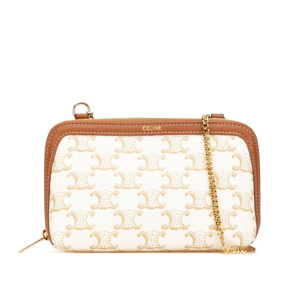 Celine Triomphe chain shoulder bag white brown leather